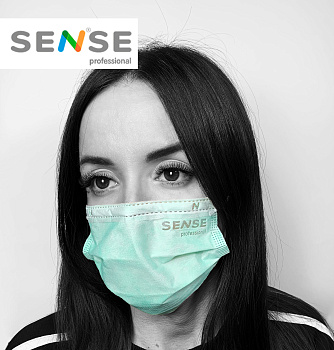 Sense, Маска одноразовая 3-х слойная мятная на резинках (50 шт)