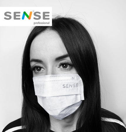 Sense, Маска одноразовая 3-х слойная белая на резинках (50 шт)