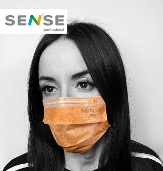 Sense, Маска одноразовая 3-х слойная оранжевая на резинках (50 шт)
