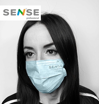 Sense, Маска одноразовая 3-х слойная голубая на резинках (50 шт)