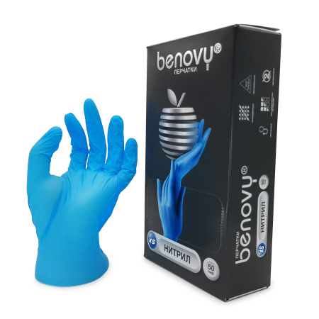 Benovy, Перчатки нитрил р. XS голубые (50 пар)