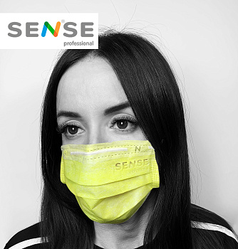 Sense, Маска одноразовая 3-х слойная желтая на резинках (50 шт)